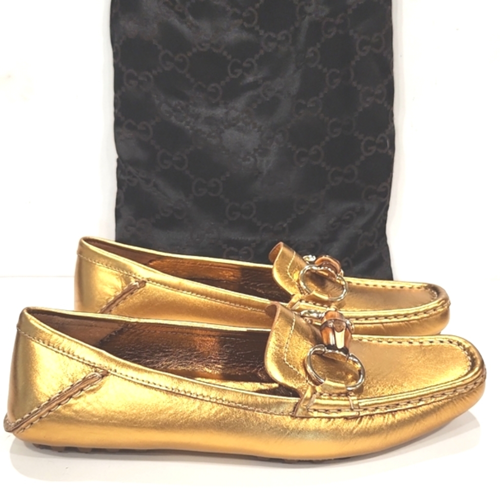 NEW!! Gucci Bamboo Horsebit Gold Leather Driving Shoes Loafers 155162 Size 5B - Picture 4 of 16
